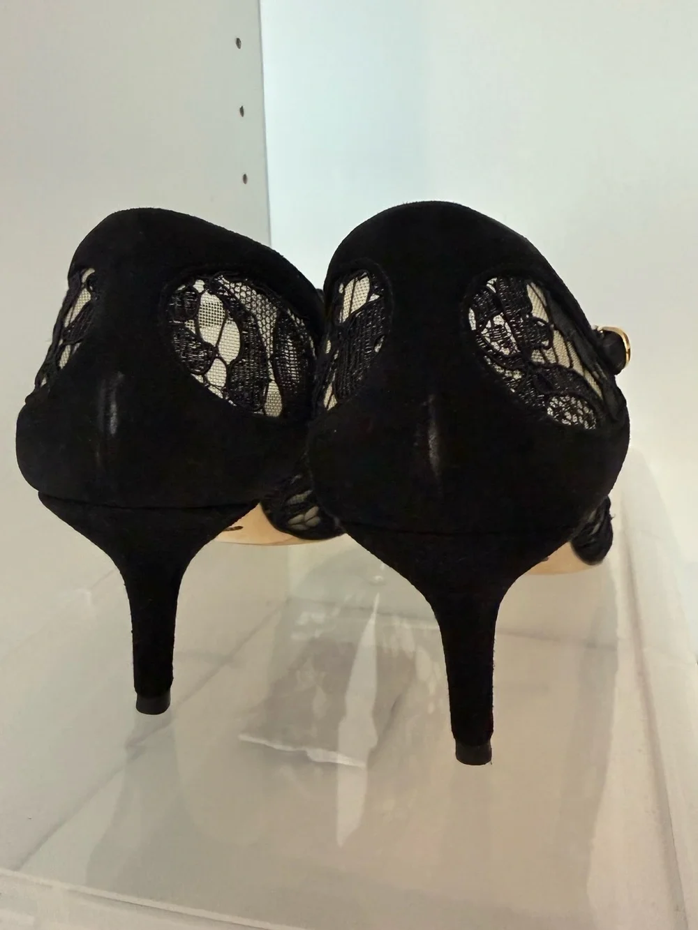 Dolce & Gabbana Black Lace Mary Jane Pumps with Suede Trim kitten heel